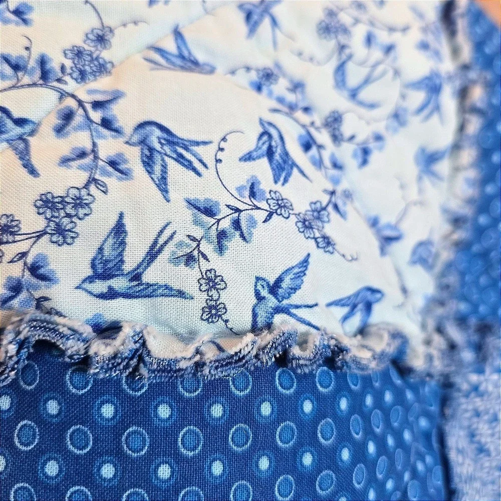 Handmade Blue Rag Quilt Throw Blanket Floral Patchwork Cottage Farmhouse 60x47